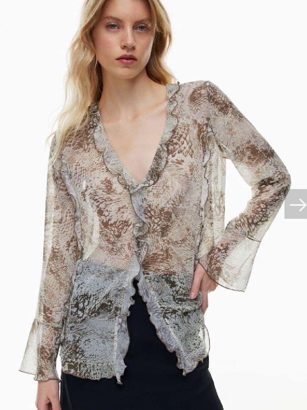 Aritzia Wilfred Semi-Sheer Ruffle V-Neck Blouse - Brown & Gray